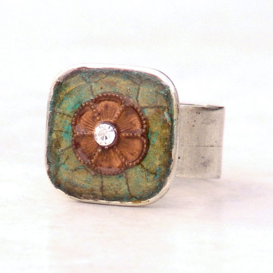 Copper Daisy Bling Ring -Silver Square Adjustable Flower Simple Floral Earthy Sparkle By Catherine Jeltes
