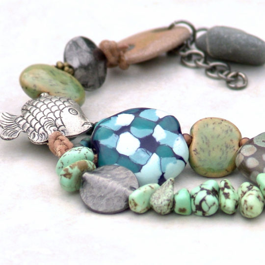 River Wild Bracelet -Kazuri Fish Silver Copper Water Gemstone Blue Turquoise Green Nature Adjustable