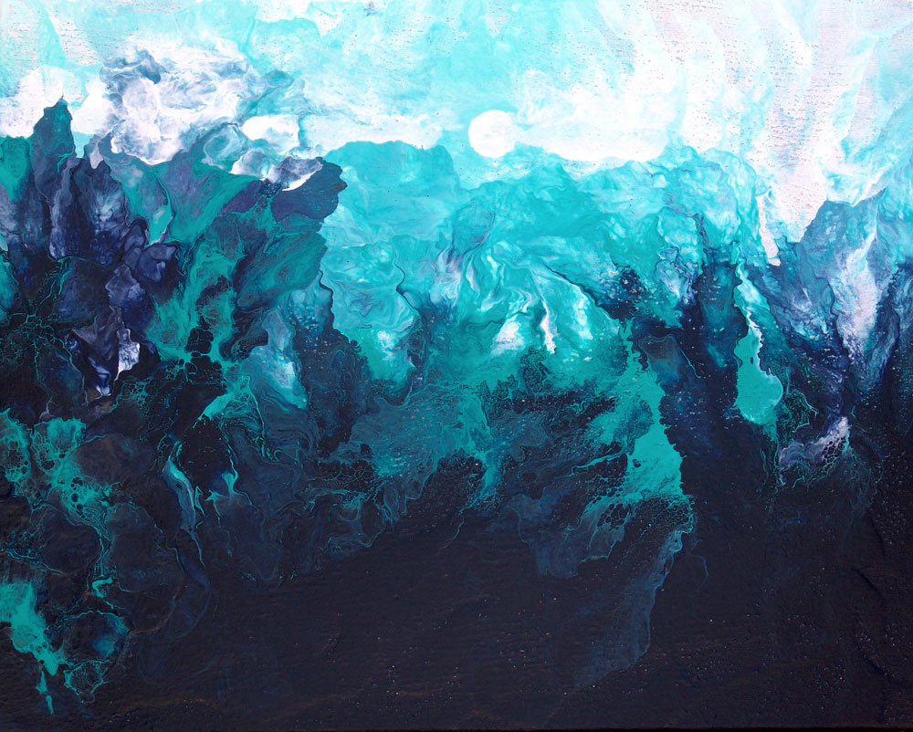 By Light Of The Moon -Painting Abstract Landscape Turquoise Aqua Navy Blue Nautical Mountains Water