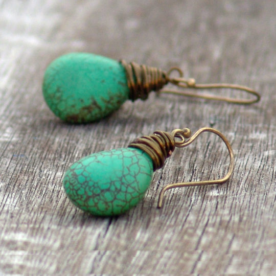Sea Green Teardrop Earrings -Gemstone Dangle Teal Magnesite Brass Wire