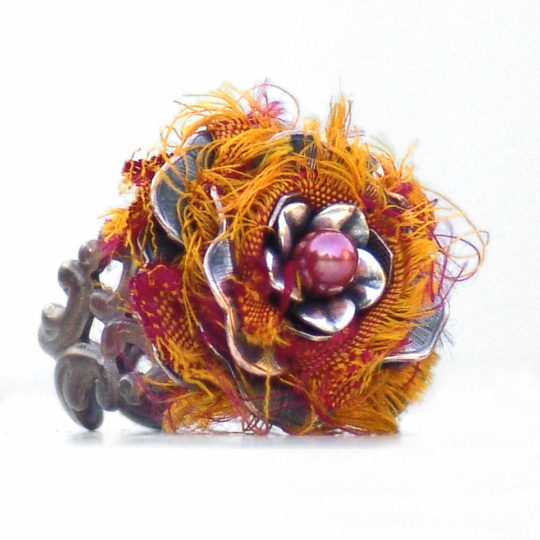 Cocktail Ring Pumpkin Sari -Metal Flower Orange Red Adjustable Floral Vintage Style