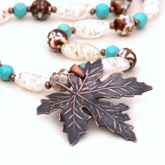 Handmade Gemstone Necklace Maple Leaf Pendant -Turquoise Blue Brown Copper Metal Earthy
