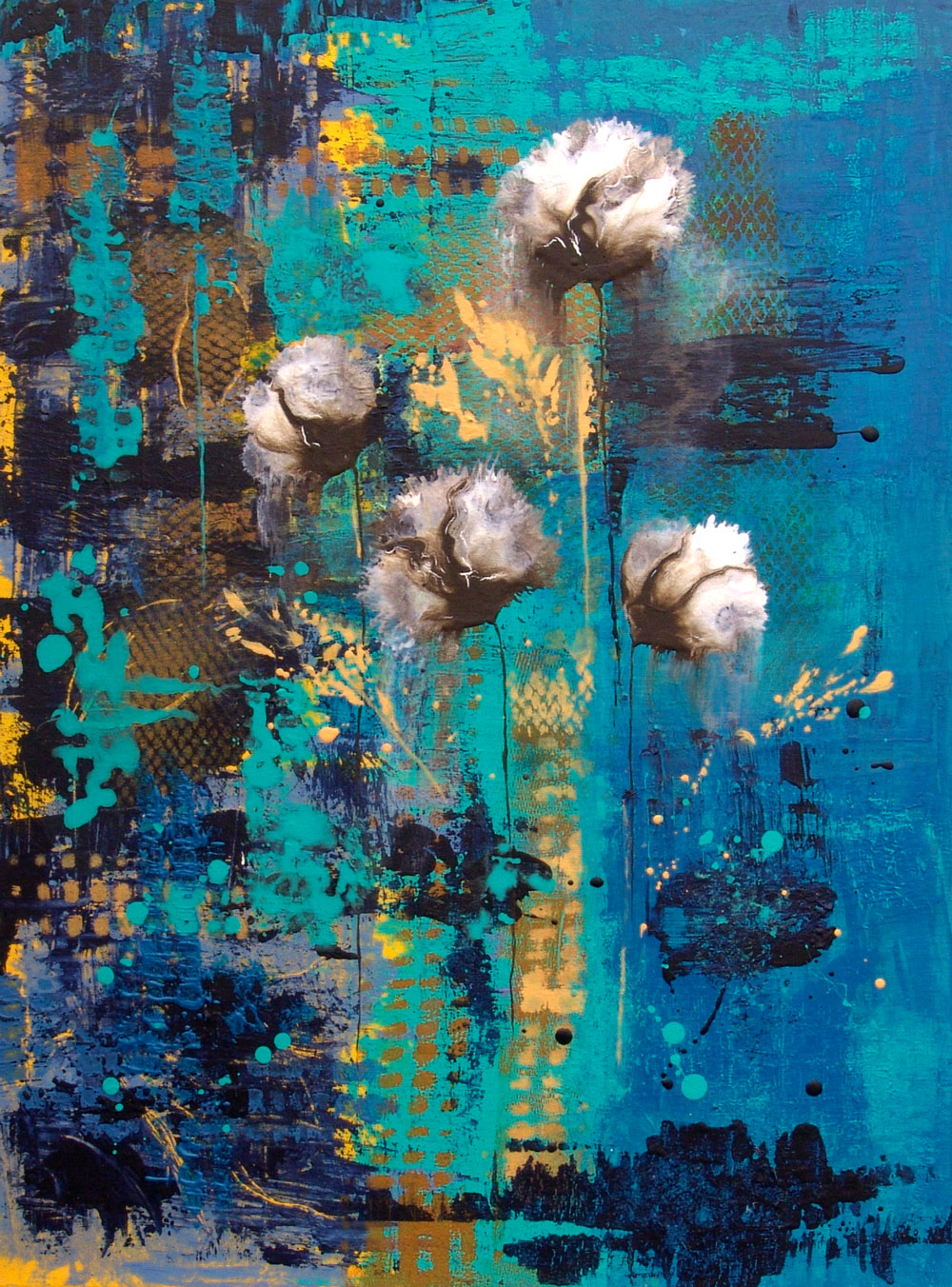 Blue Rain Abstract Painting -Decor Canvas Wall Art Flower Water Large Teal Blue Yellow Contemporary
