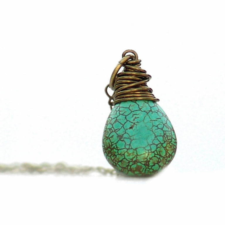 Wire Wrapped Sea Green Teardrop Necklace Magnesite Stone Pendant