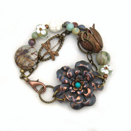 Rustic Woodland Blossom Bracelet -Catherine Jeltes Mixed Metal Flower Dragonfly Beaded Chain