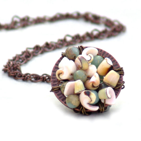 Ocean Treasures Cluster Pendant Necklace -Wire Wrapped Shell Gemstone Copper Chain