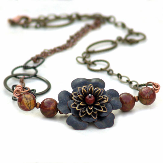 Long Mixed Chain Necklace Autumn Nights -Copper Brass Metal Gunmetal Flower Gemstone