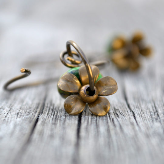 Woodland Flower Bronze Wire Earrings -Catherine Jeltes Green Mosaic Gemstone Jewelry
