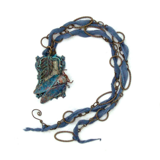 Cicada Fairy Pendant Blue Necklace -Handmade Jewelry Catherine Jeltes Insect Bug Nature