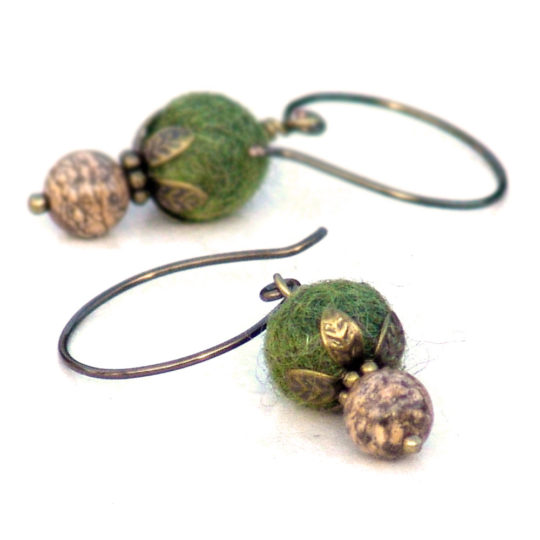 Handmade Rustic Earrings Green Olive Moss Drop Gemstone Wire Catherine Jeltes