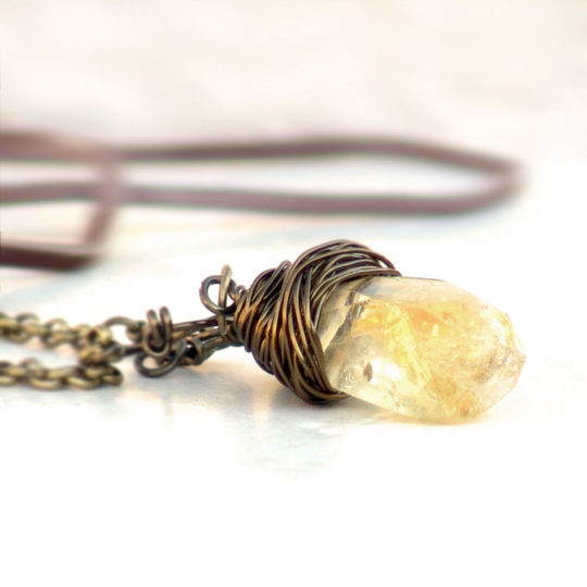Citrine Wire Wrapped Crystal Pendant Necklace November Birthstone Gemstone Artisan Jewelry Catherine Jeltes