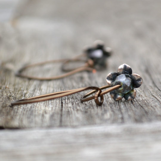 Open Hoop Earrings Winter Blossom Rustic Silver Flower Bronze Wire