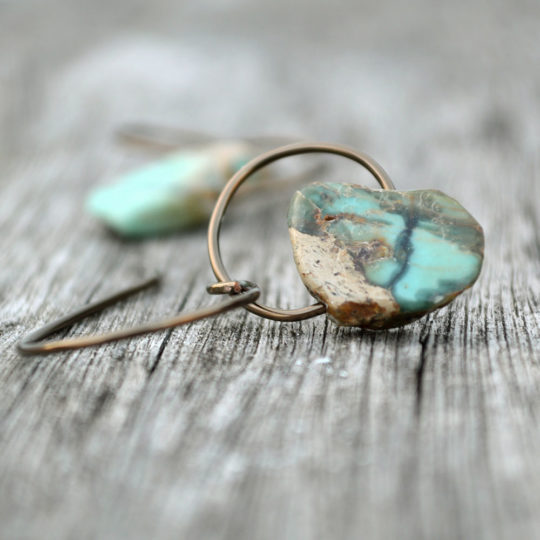 Ocean Stone Circle Earrings Rustic Blue Impression Jasper Bronze Wire