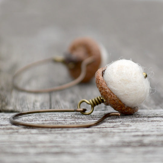 Earrings White Acorn Open Hoop Felt Ball Winter Woodland Catherine Jeltes