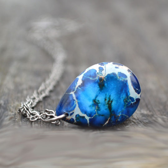 Blue Gemstone Teardrop Pendant Necklace Catherine Jeltes Silver Midnight Impression Jasper