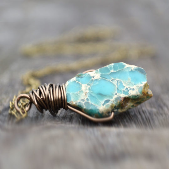 Ocean Stone Pendant Necklace Blue Impression Jasper Rustic Minimalist Jewelry