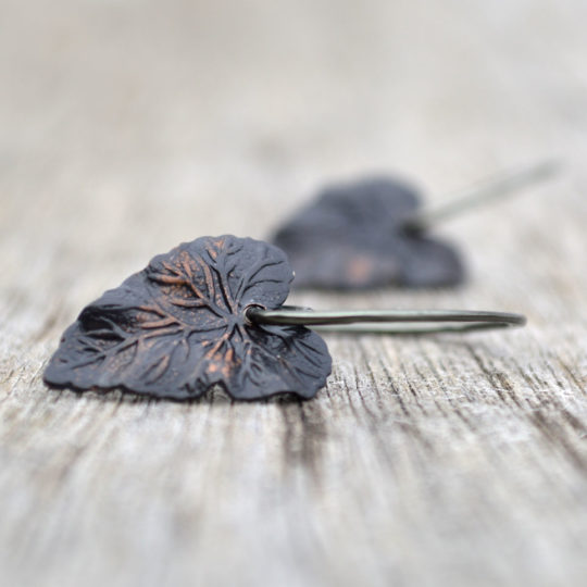 Ivy Leaf Earrings Hammered Metal Gunmetal Black Rustic Woodland Minimalist Catherine Jeltes