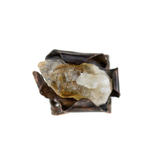 Rough Cut Citrine Large Stone Ring Band Folded Metal Adjustable