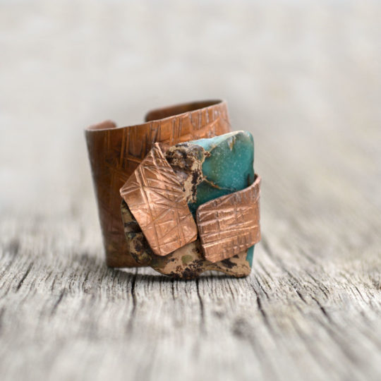 Band Ring Copper Stone Jasper Hammered Metal Textured Adjustable