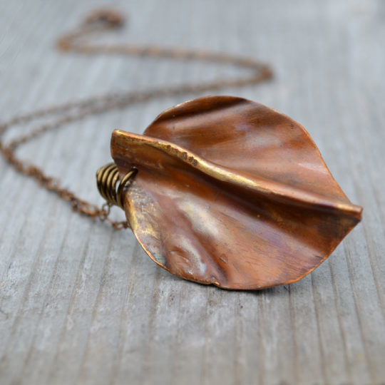 Copper Leaf Pendant Necklace Fold Form Metal Artisan Jewelry