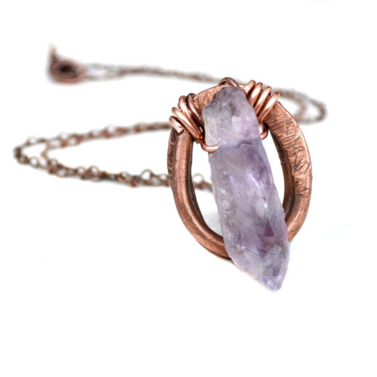 Raw Amethyst Crystal Stone Artisan Hammered Copper Pendant Necklace February Birthstone
