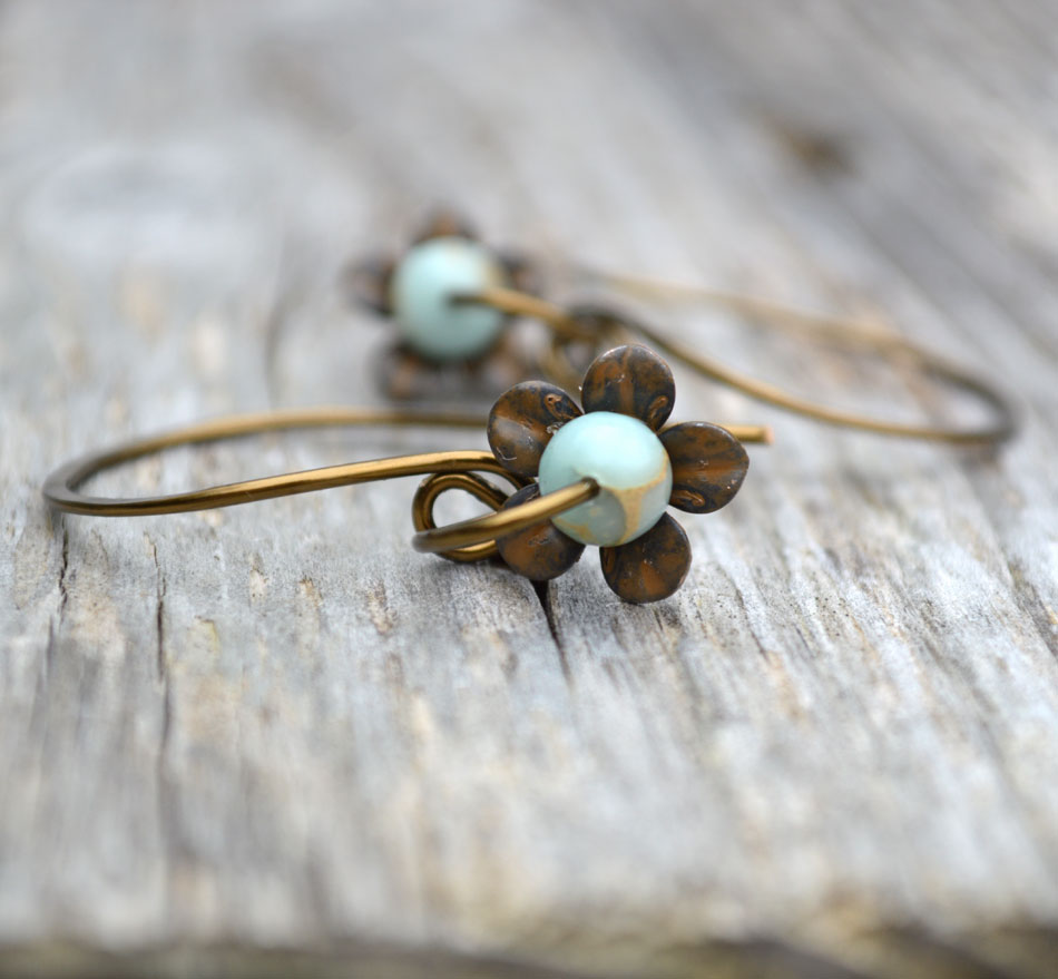 Flower Earrings, Open Hoop, Blue Stone, Jasper Earrings