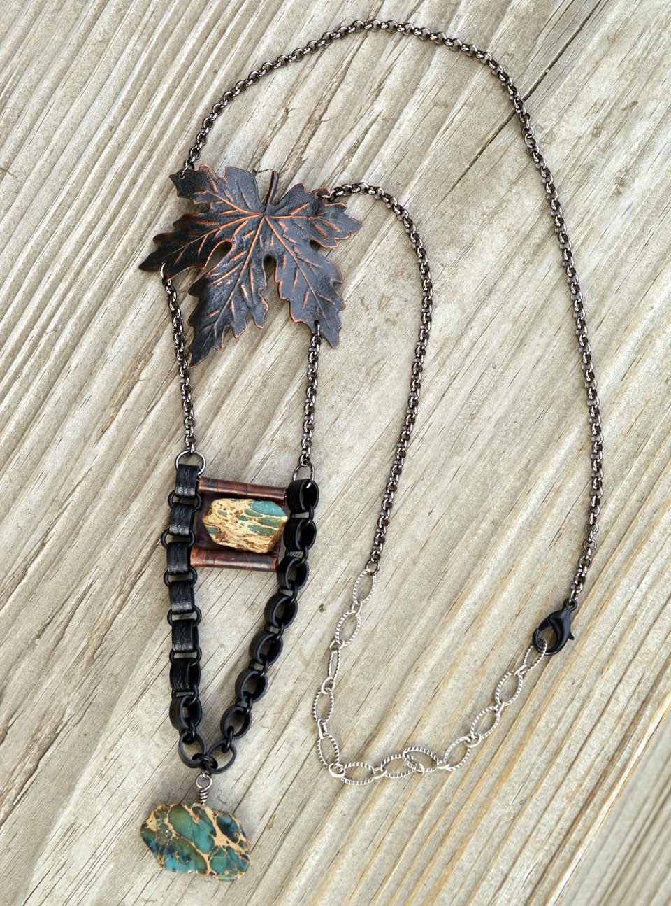 Artisan Jewelry Statement Pendant Necklace Blue Stone Leaf Mixed Metal