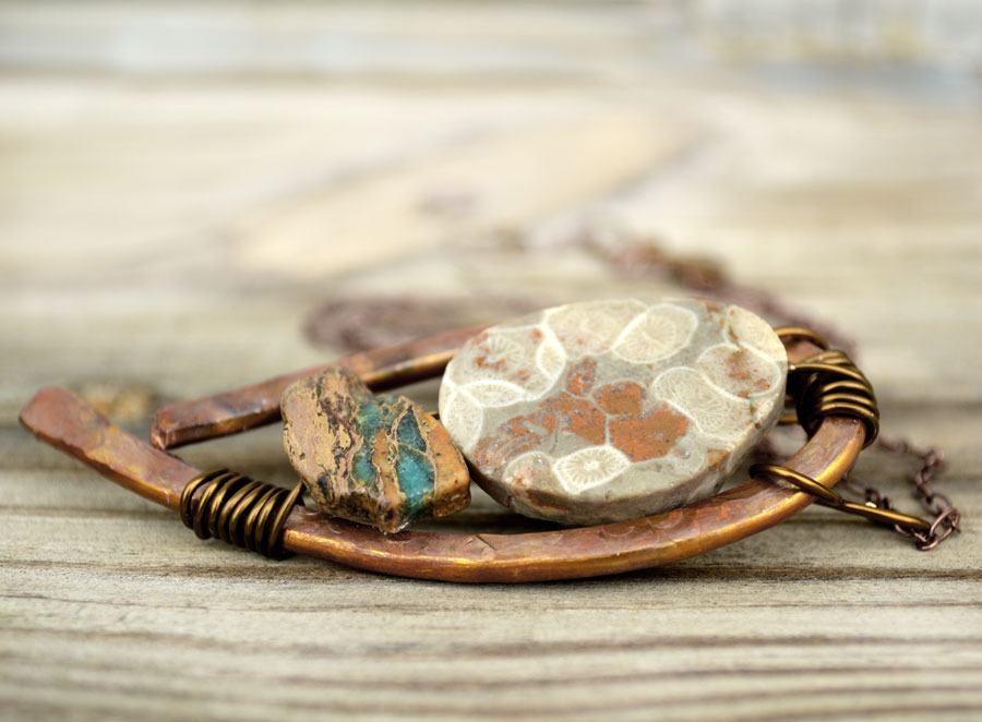Rustic Artisan Pendant Necklace, Fossil Stone, Hammered Copper, Unique Necklaces For Women