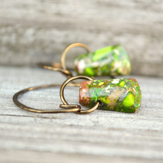 Green Gemstone Earrings, Impression Jasper Stone, Hoop Dangle Earring