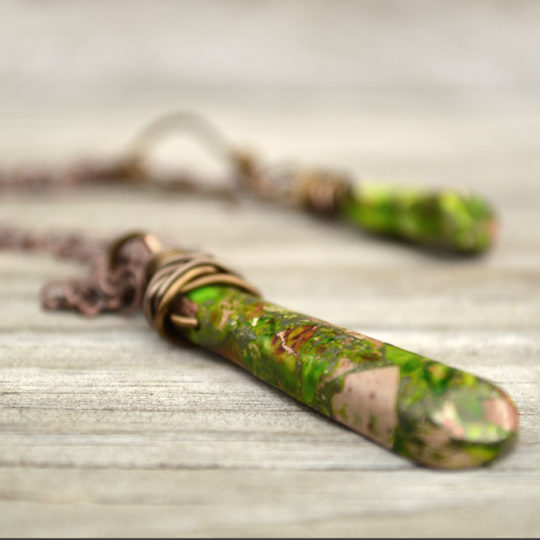 Green Gemstone Pendant Necklace Impression Jasper Stone Copper Chain