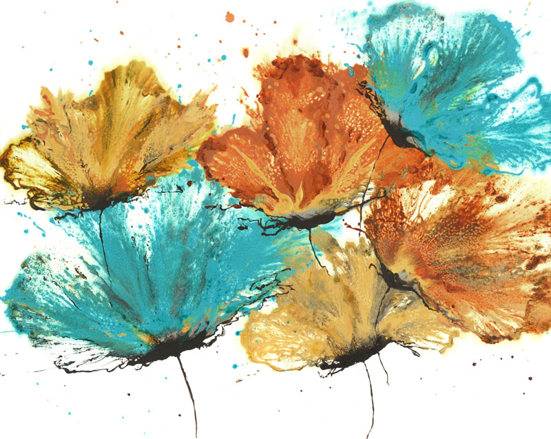 Abstract Flower Art Teal Orange Yellow Floral On Paper 16 x 20