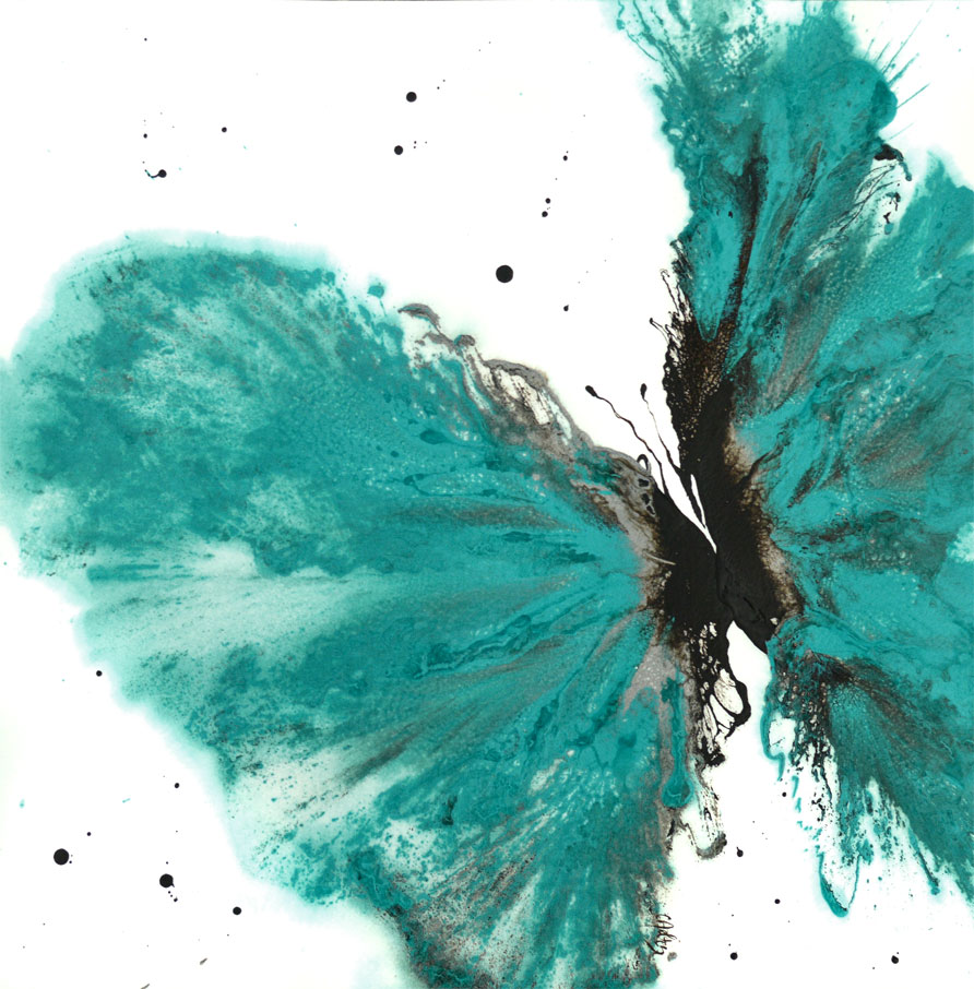 Contemporary Art Abstract Butterfly in Teal 14 x 14 on Cotton Ragg