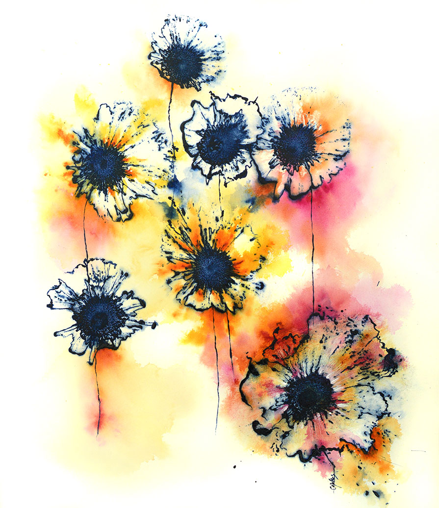 Abstract Flowers Floral Sunrise 26 x 22 on Cotton Ragg Paper